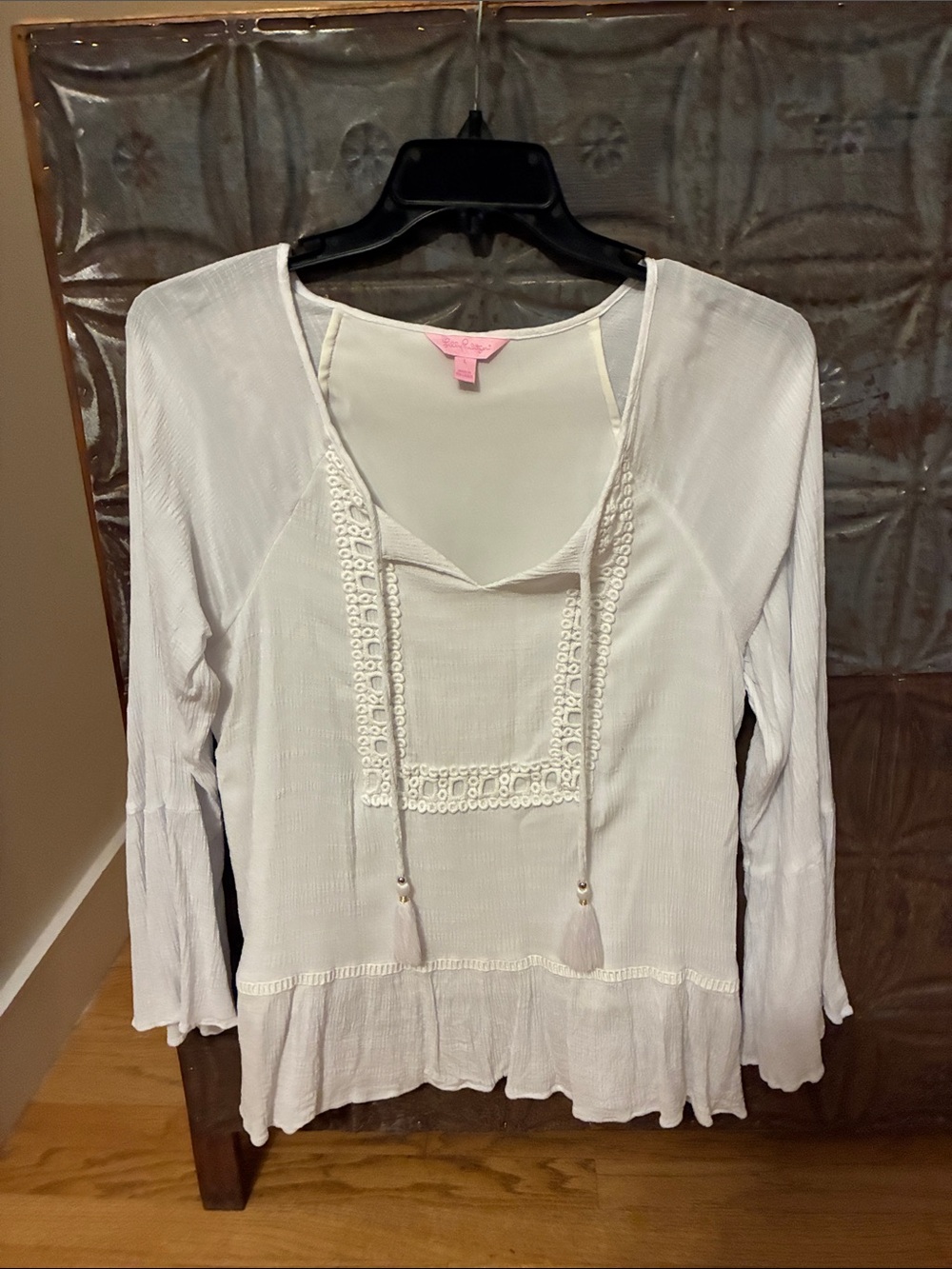 Lilly Pulitzer Women's Cream Lace-Trim Peasant Top with Tassel Ties